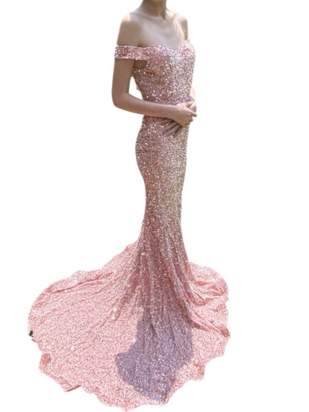 Fashion Nova Alora Off-Shoulder Sequin Mermaid Gown in Pink size small new NWT